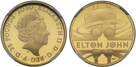 PF70 ULTRA CAMEO Elizabeth II (1952 -), gold proof Twenty-Five Pounds, 2020, Quarter-Ounce of 999.9 fine gold, struck to celebrate Elton John, crowned...