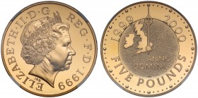 PF69 ULTRA CAMEO Elizabeth II (1952 -), gold proof Five Pounds, 1999, Millennium Issue 1999-2000, crowned bust right, IRB below for designer Ian Rank ...