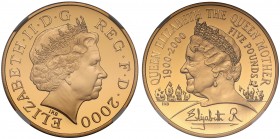 PF70 ULTRA CAMEO Elizabeth II (1952 -), gold proof Five Pounds, 2000, struck to commemorate the 100th birthday of The Queen Mother, crowned head right...