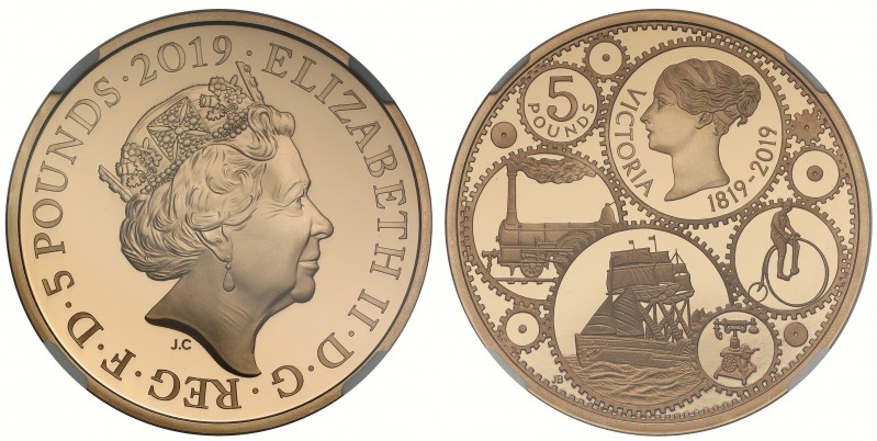 PF70 ULTRA CAMEO Elizabeth II (1952 -), gold proof Five Pounds, 2019, struck to ...