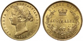 Australia, Victoria (1837-1901), gold Sovereign, 1857, Sydney Branch Mint, second young head left with wreath of banksia in hair, date below, Latin le...