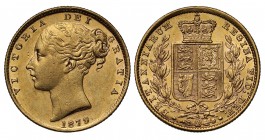 AU55 Australia, Victoria (1837-1901), gold Sovereign, 1879, Sydney mint, shield reverse, young head left, Latin legend and toothed border surrounding,...