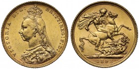 MS61 Australia, Victoria (1837-1901), gold Sovereign, 1892, Melbourne mint, Jubilee-type crowned bust left, J.E.B. initials on truncation for engraver...