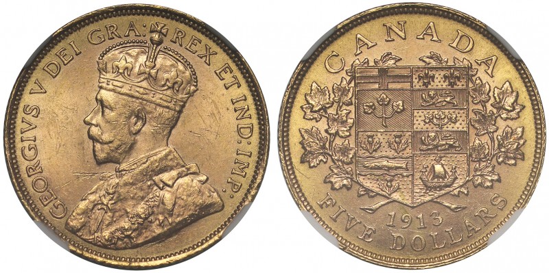 MS62 Canada, George V (1910-36), gold 5-Dollars, 1913, Ottawa mint (F 4; KM 26)....