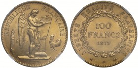 MS61 France, Third Republic (1871-1940), gold 100-Francs, 1879A, Paris mint, Genius standing right inscribing constitution on tablet, rev. value and d...