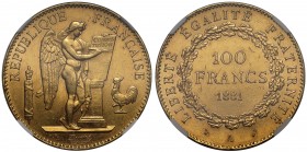MS61 France, Third Republic (1871-1940), gold 100-Francs, 1881A, Paris mint, Genius standing right inscribing constitution on tablet, rev. value and d...