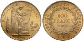 MS62 France, Third Republic (1871-1940), gold 100-Francs, 1886A, Paris mint, Genius standing right inscribing constitution on tablet, rev. value and d...