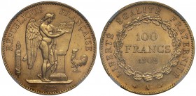 MS62+ France, Third Republic (1871-1940), gold 100-Francs, 1902A, Paris mint, Genius standing right inscribing constitution on tablet, rev. value and ...