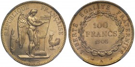 MS61 France, Third Republic (1871-1940), gold 100-Francs, 1905A, Paris mint, Genius standing right inscribing constitution on tablet, rev. value and d...