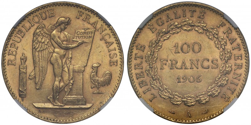 MS61 France, Third Republic (1871-1940), gold 100-Francs, 1906A, Paris mint, Gen...