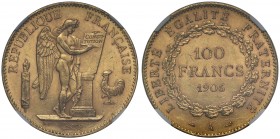 MS61 France, Third Republic (1871-1940), gold 100-Francs, 1906A, Paris mint, Genius standing right inscribing constitution on tablet, rev. value and d...