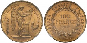 MS61 France, Third Republic (1871-1940), gold 100-Francs, 1907A, Paris mint, Genius standing right inscribing constitution on tablet, rev. value and d...
