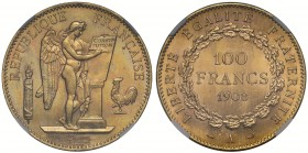MS63 France, Third Republic (1871-1940), gold 100-Francs, 1908A, Paris mint, Genius standing right inscribing constitution on tablet, rev. value and d...