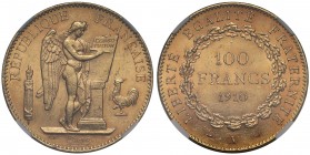 MS61 France, Third Republic (1871-1940), gold 100-Francs, 1910A, Paris mint, Genius standing right inscribing constitution on tablet, rev. value and d...