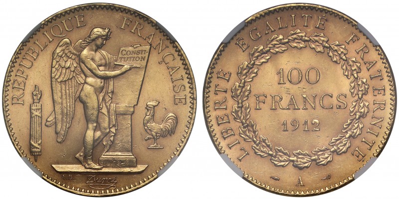 MS63 France, Third Republic (1871-1940), gold 100-Francs, 1912A, Paris mint, Gen...