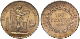 MS63 France, Third Republic (1871-1940), gold 100-Francs, 1912A, Paris mint, Genius standing right inscribing constitution on tablet, rev. value and d...