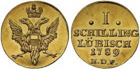 MS63 Germany, Lübeck, City, gold Half Ducat or Schilling, 1789-HDF, struck from the die for the Schilling, crowned double-headed eagle, rev. .I. SCHIL...