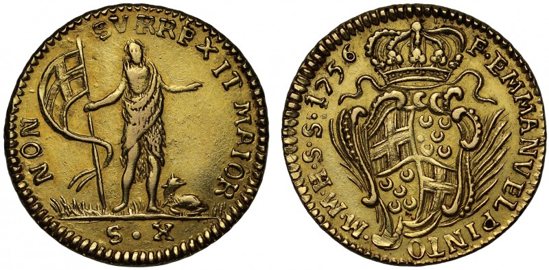 Malta, Emmanuel Pinto (1743-71), gold Ten-Scudi, 1756, Valetta mint, St. John th...