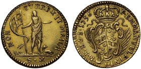 Malta, Emmanuel Pinto (1743-71), gold Ten-Scudi, 1756, Valetta mint, St. John the Baptist standing holding standard, lamb to his right, legend surroun...