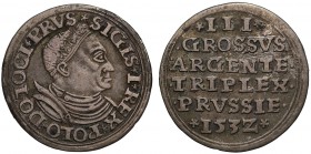 Poland, Sigismund I (1506-48), silver 3-Grosze or Trojak, 1532, Toruń mint, bonneted and cuirassed bust right, legend surrounding with mullet stops, S...