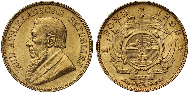 South Africa, Z.A.R., Paul Kruger, gold Pond, 1898, bust left, legend ZUID AFRIK...