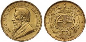 South Africa, Z.A.R., Paul Kruger, gold Pond, 1898, bust left, legend ZUID AFRIKAANSCHE REPUBLIEK, rev. circular shield of arms over flags, eagles abo...
