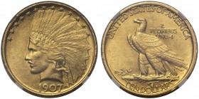 MS61 USA, gold Ten Dollars or Eagle, 1907, Philadelphia mint, engraved by August St. Gaudens, Indian head left, crescent of stars above, date below, r...