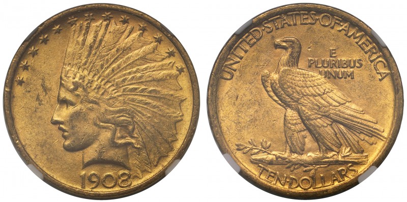 AU58 USA, gold Ten Dollars or Eagle, 1908, Philadelphia mint, engraved by August...