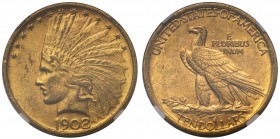 AU58 USA, gold Ten Dollars or Eagle, 1908, Philadelphia mint, engraved by August St. Gaudens, Indian head left, crescent of stars above, date below, r...