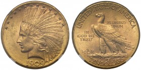 MS62 USA, gold Ten Dollars or Eagle, 1909, Denver mint, engraved by August St. Gaudens, Indian head left, crescent of stars above, date below, rev. ea...