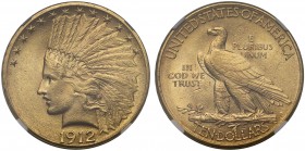 AU58 USA, gold Ten Dollars or Eagle, 1912, Philadelphia mint, engraved by August St. Gaudens, Indian head left, crescent of stars above, date below, r...
