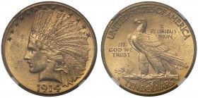 AU58 USA, gold Ten Dollars or Eagle, 1914, Denver mint, engraved by August St. Gaudens, Indian head left, crescent of stars above, date below, rev. ea...