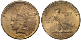 MS61 USA, gold Ten Dollars or Eagle, 1915, Philadelphia mint, engraved by August St. Gaudens, Indian head left, crescent of stars above, date below, r...