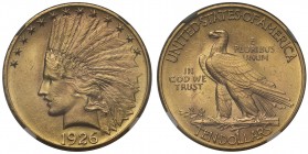 MS63 USA, gold Ten Dollars or Eagle, 1926, Philadelphia mint, engraved by August St. Gaudens, Indian head left, crescent of stars above, date below, r...