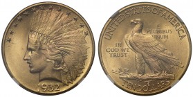 MS64 USA, gold Ten Dollars or Eagle, 1932, Philadelphia mint, engraved by August St. Gaudens, Indian head left, crescent of stars above, date below, r...