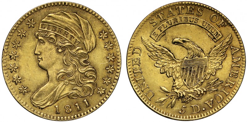 MS60 USA, gold Five Dollars or Half Eagle, 1811, small 5 on reverse, draped bust...