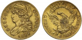 MS60 USA, gold Five Dollars or Half Eagle, 1811, small 5 on reverse, draped bust left wearing cap inscribed LIBERTY within circle of thirteen stars, d...
