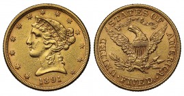 USA, gold Five Dollars or Half Eagle, 1891, Philadelphia mint, bust of Liberty left, date below, ring of stars at peripheries, rev. heraldic eagle wit...