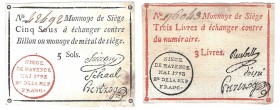 France, Mayence, Second Siege Issue, banknotes (2), 5 Sols (S.1475b); 3 Livres (S-1477b). Both about new. (2) 

 The first Ex Eric P. Newman Collect...