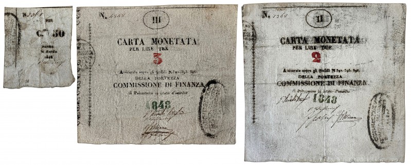 Italy, Palmanova, Siege Issue, banknotes, 1848 (3), 3 Lire (S.248); 2 Lire (S.24...