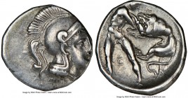 CALABRIA. Tarentum. Ca. 380-280 BC. AR diobol (12mm, 4h). NGC Choice VF. Ca. 325-280 BC. Head of Athena right, wearing crested Attic helmet / TAPAΣ, H...