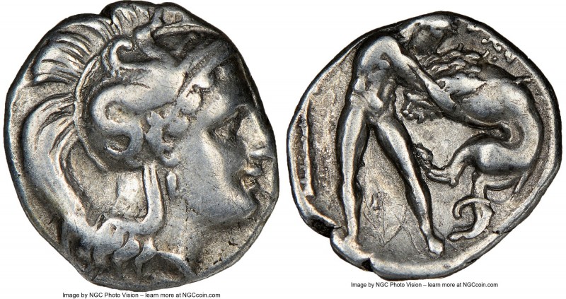 CALABRIA. Tarentum. Ca. 380-280 BC. AR diobol (12mm, 6h). NGC Choice VF, graffit...