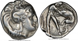 CALABRIA. Tarentum. Ca. 380-280 BC. AR diobol (12mm, 6h). NGC Choice VF, graffito. Ca. 325-280 BC. Head of Athena right, wearing crested Attic helmet ...