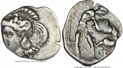 CALABRIA. Tarentum. Ca. 380-280 BC. AR diobol (12mm, 9h). NGC VF. Ca. 325-280 BC. Head of Athena left, wearing crested Attic helmet decorated with fig...
