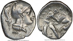 CALABRIA. Tarentum. Ca. 380-280 BC. AR diobol (12mm, 12h). NGC VF. Ca. 325-280 BC. Head of Athena right, wearing crested Attic helmet / TAPA-N, Hercul...