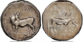 LUCANIA. Laus. Ca. 480-460 BC. AR stater (20mm, 7.47 gm, 1h). NGC VF 4/5 - 2/5, brushed. ΛAS, man-faced bull standing left, head reverted / ΛAS (retro...