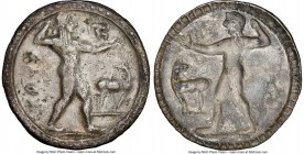 BRUTTIUM. Caulonia. Late 6th century BC. AR stater or nomos (29mm, 6.71 gm, 11h). NGC Choice VF 4/5 - 2/5, brushed. KAVΛ, full-length figure of Apollo...