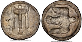 BRUTTIUM. Croton. Ca. 500-480 BC. AR stater or nomos (23mm, 6.88 gm, 4h). NGC (photo-certificate) XF 5/5 - 2/5. ϘΡO, ornamented sacrificial tripod, le...
