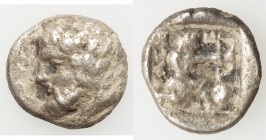 THRACIAN ISLANDS. Thasos. Ca. 400-335 BC. AR drachm (17mm, 3.89 gm, 9h). About VF, porosity, fragile. Bearded head of Dionysus left, wreathed with ivy...