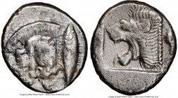 MYSIA. Cyzicus. Ca. 5th century BC. AR diobol(?) (11mm, 7h). NGC VF, brushed. Forepart of boar left, tunny upward behind / Head of roaring lion left w...